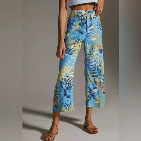Anthropologie Maeve The Colette Cropped Linen Wide-Leg Pants Tropical Size 6 - Picture 1 of 6